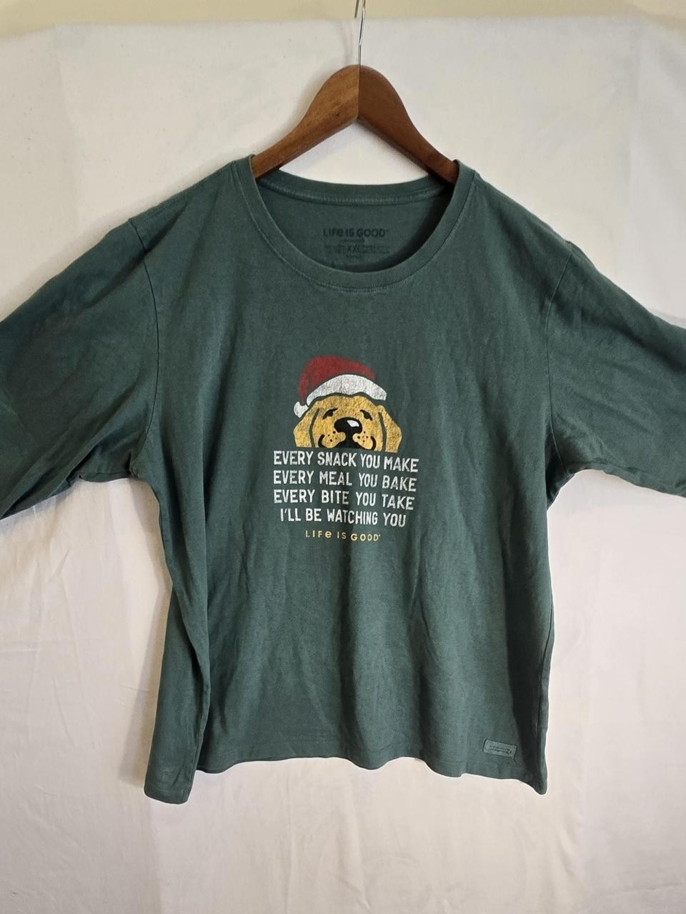 Life Is Good Green Short-Sleeve Dog Graphic Tee with Holiday Hat